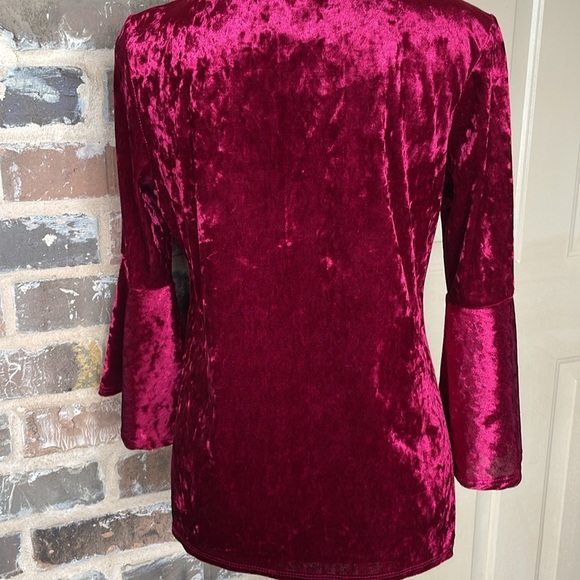 S Levine Crushed Velour Fit & Flare Top Cranberry V-neck Festive Bell Sleeve SM - Picture 5 of 13